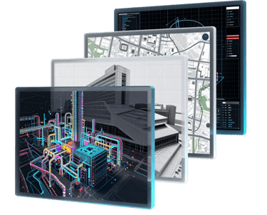 Layered digital displays showing 3D industrial piping, architectural wireframes, and city maps.