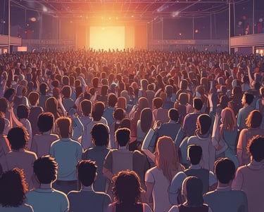 A large indoor event with a stage featuring bright screens and spotlights, attended by a substantial crowd. The venue has a high ceiling with industrial beams and red lighting accents. The atmosphere resembles a concert or a conference with a focus on visual effects.