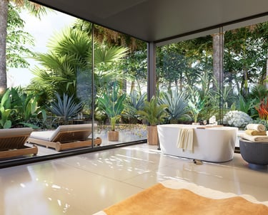 3D render of a round bath tub with tropical garden view