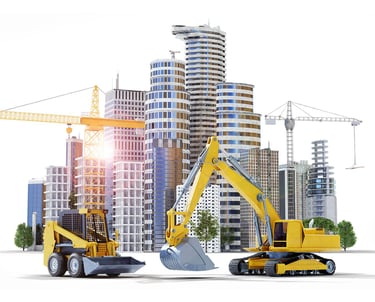 3D render of contruction vehicles with modern city in background