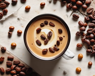 Two plastic cups filled with iced beverages sit on a light-colored surface, surrounded by scattered coffee beans. A wooden bowl filled with coffee beans along with a small scoop is nearby. The background features a wooden basket filled with pinecones and a beige textured cloth, set against a wooden slatted wall. Stalks of wheat are placed in the foreground, adding a rustic touch.