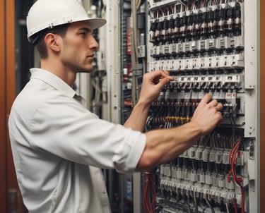A construction site is depicted with exposed electrical wires protruding from a circular conduit in a rough concrete wall. The floor is covered in dust and debris, and there are multiple cables organized in a black mesh covering running along the floor.