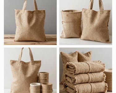 A minimalist setting featuring several brown paper bags with green text hanging on a white clothing rack. The bags have eco-friendly slogans emphasizing recyclability. A person wearing a colorful pink and yellow sweater is holding one of the bags.