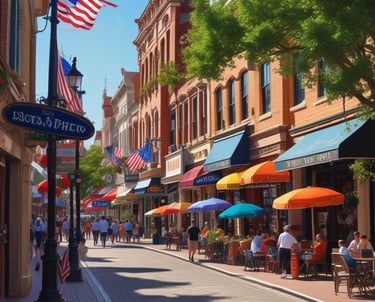A vibrant street in Main Street USA full of shoppers and beautiful Awnings and Signs, cafes..
