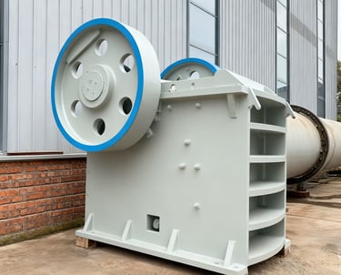 Stone crusher machine crushing large rocks into smaller aggregates at a quarry site.