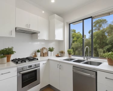 A construction site covered with blue scaffolding is visible. Several signs and banners advertising construction companies and services are attached to the scaffolding. There are details indicating restoration work being done, including contact information and project descriptions.