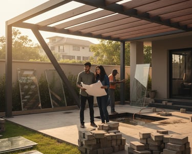 Custom pergola design with glass roofing for a luxury villa in Bangalore.