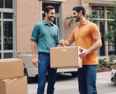 A delivery person handing a package to a satisfied customer at their doorstep.