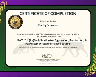 Grisha Stewart Academy Behavioral Adjustment Training certificate