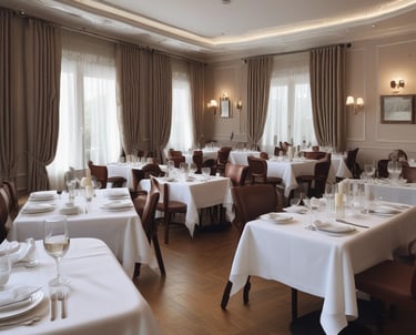 A clean restaurant full of tablecloth
