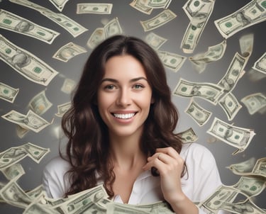 A collection of coins and cash on a bright surface.