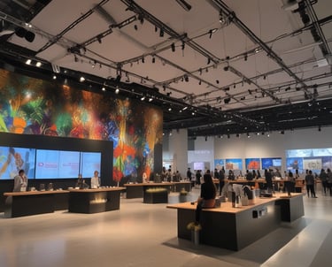 A vibrant event setup with colorful decorations and people enjoying the atmosphere.