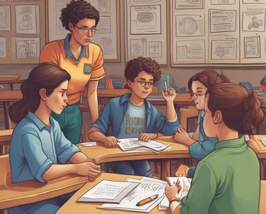 Children sit on a colorful carpet in a classroom, raising their hands eagerly towards a teacher seated in the front. The room is filled with educational decorations, bookshelves, and various classroom supplies. The atmosphere is lively and engaging as the children participate in an interactive session.