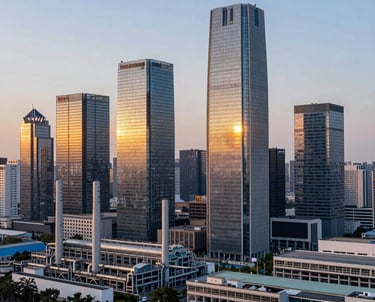 Modern city skyline featuring tall glass skyscrapers and industrial factories at sunset.