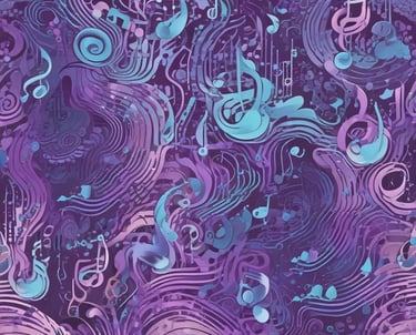 Abstract vibrant music notes and sound waves in blue and purple tones representing the music channel