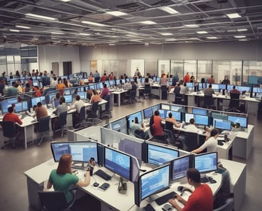 A busy airport terminal features a group of people with luggage near a row of check-in counters. Large advertisements and informational signs are visible above the counters. The floor is reflective, and people appear to be conversing and moving about with their suitcases.