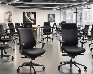 A workspace setup featuring a modern office chair with a yellow seat and pink backrest, positioned near a black desk made from an upcycled sewing machine base. On the desk, there is a closed laptop and a potted green plant, all against a plain white wall. The floor has a polished concrete finish.