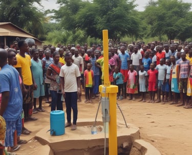 A serene landscape features a lush green field in the foreground, bordered by trees. In the background, the sun sets with a soft glow against a cloudy sky. Rolling hills and wind turbines are faintly visible in the distance, hinting at sustainable energy use.