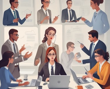 A group of six professionally dressed individuals are posed together in an office setting. Three women and three men are standing and sitting, smiling towards the camera. The background features a flat-screen monitor and a table with a lamp and decorative items.