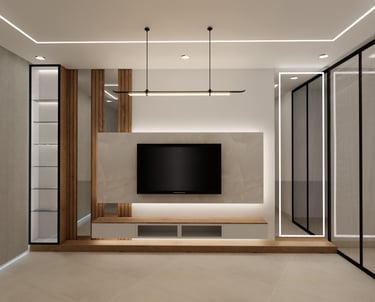 a modern living room with a flat screen tv