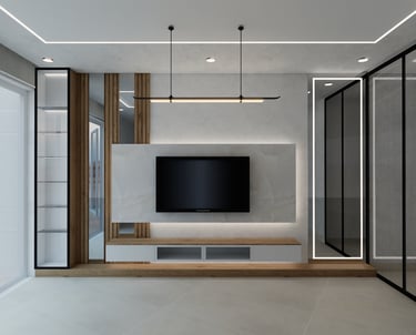 a modern living room with a flat screen tv