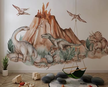 Dinosaurs Era and Volcano Wall Decal for Kids - Peel and Stick Dino Park Wall Sticker 
