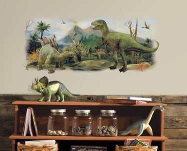 a shelf with a dinosaur and a shelf with books