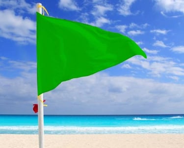 a green flag on a beach with a blue sky and clouds