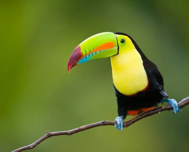 A Keel-billed toucan with a colorful rainbow beak perched on a branch in a tropical rainforest.