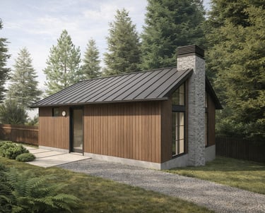 Modern small cabin with vertical wood siding, metal roof, and stone chimney in a forest.