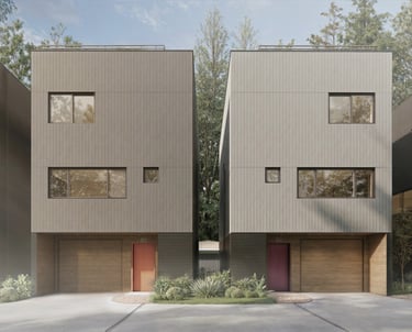 Modern gray three-story duplex townhouses with wood-paneled garages and minimalist landscaping.