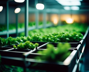 A large indoor aquaponic farm featuring an abundance of green plants flourishing in a sustainable agricultural system