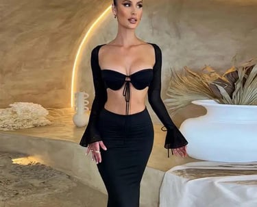 a woman in a black dress with a black dress
