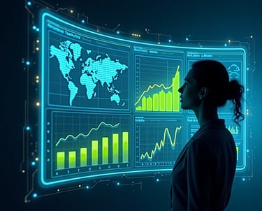 "Businesswoman analyzing futuristic smart analytics dashboard with global data maps, real-time perfo