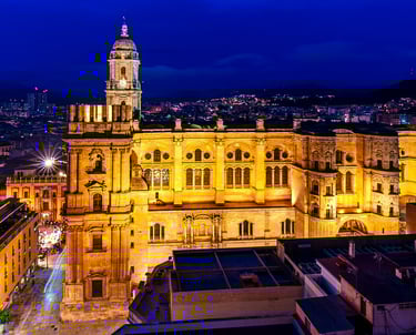 Malaga cathedral building with a clock tower in the middle of it, at night