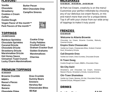 park ice cream menu toppings and flavors