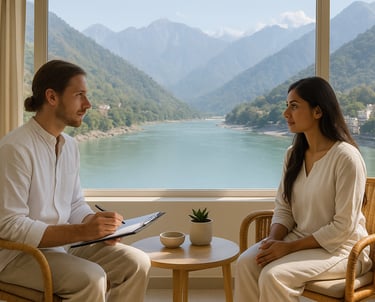 Wellness consultation with Himalayas and River Ganga view, serene professional setting