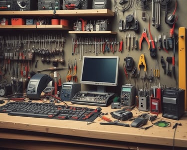 Organized electronics workbench with a computer monitor, repair tools, and vintage testing equipment.