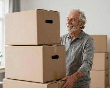 A smiling individual thoughtfully sorting through personal items during downsizing.