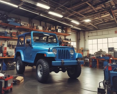 A friendly mechanic working on a car engine inside a cozy local auto shop.