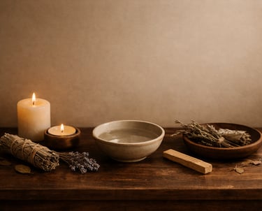 Altar de luna nueva con velas, hierbas y cuenco de agua