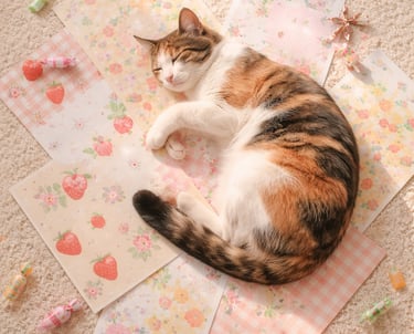 cute cat lying on scrapbooking and journaling papers with aesthetic creative supplies