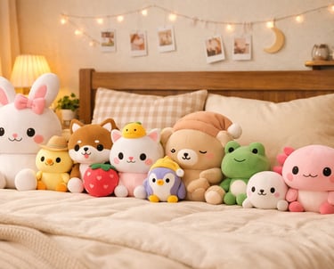 kawaii plush toys and cute accessories displayed together in soft aesthetic style