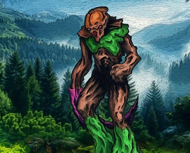 Acrylic style fantasy art of a giant tree monster standing in a misty forest mountain landscape.
