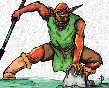 Hand-drawn image of a fantasy goblin warrior in a green tunic wielding a sharp spear.