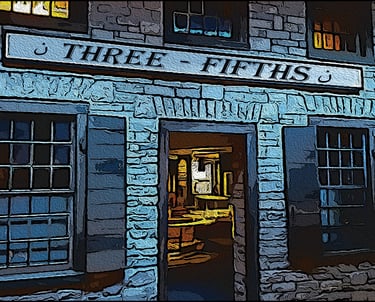 Digital oil painting of a stone building facade with a sign reading Three-Fifths above an open doorway.