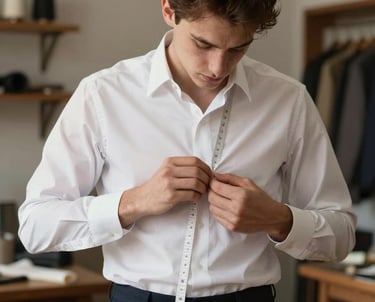 Portrait of a young artisan tailor focused on hand-stitching a lapel, wearing a crisp white shirt and dark trousers, warm artisanal studio lighting.