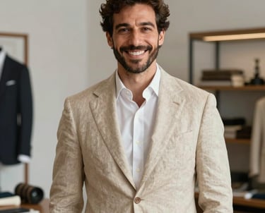 Professional portrait of a male tailoring expert in a beige linen suit, smiling confidently in a bright, modern studio, European / Spanish style.