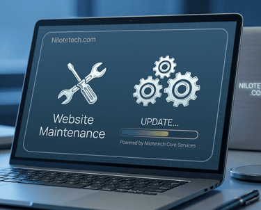 A laptop screen displaying a website maintenance and system update progress bar.