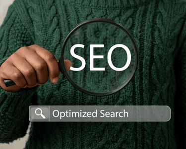 Hand holding a magnifying glass over the word SEO with an optimized search bar overlay.